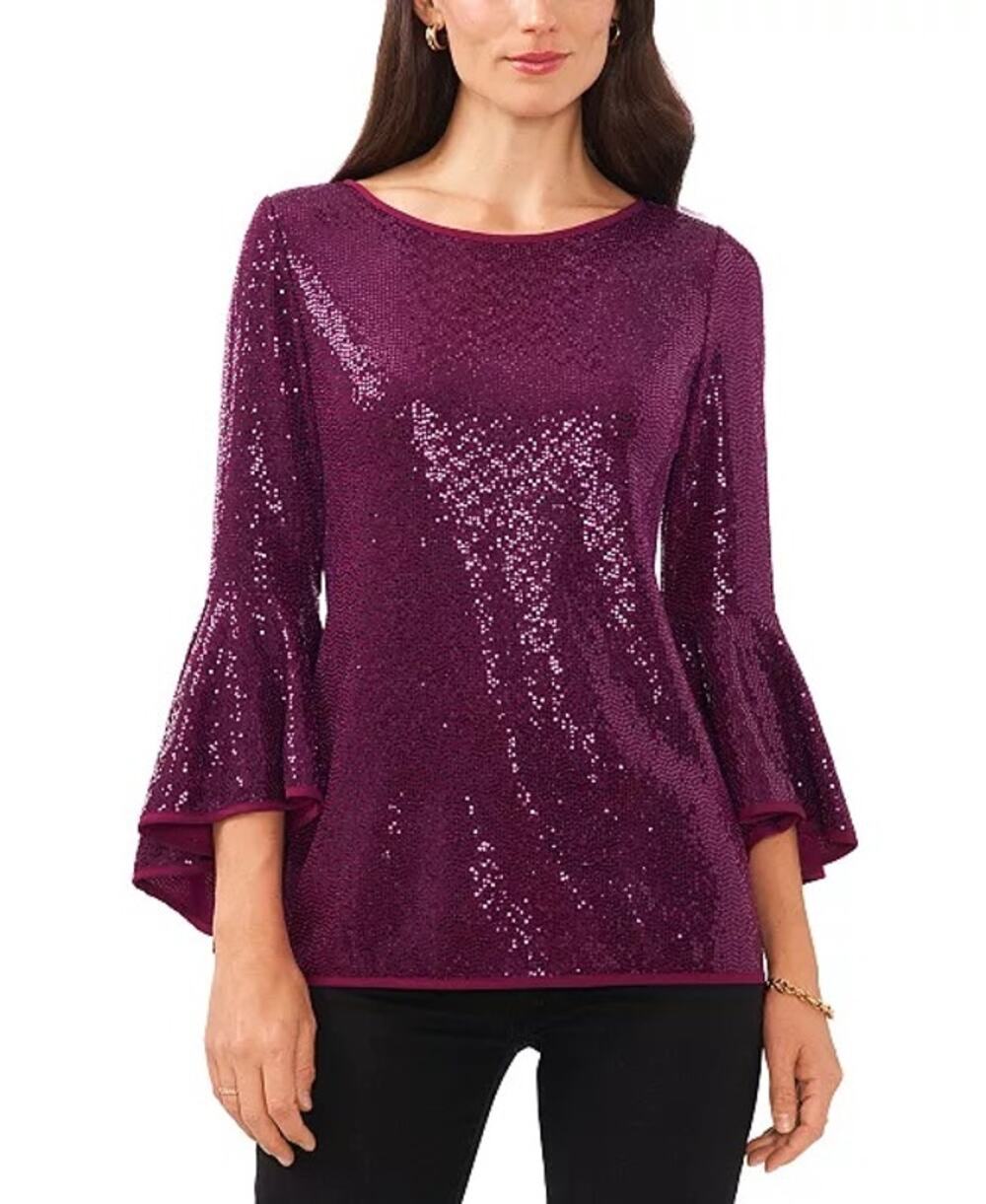 Vince Camuto Plum Purple Sequin Flutter Sleeve Top XS NWT Metallic Party Glam